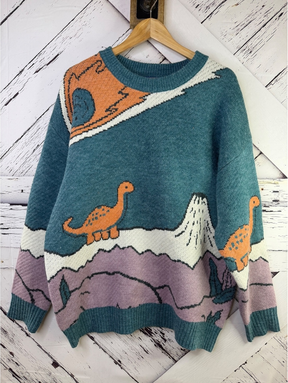 Aelfric Eden Dinosaur Volcano Knit Pullover Oversized Sweater Adult Large